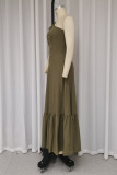 Elegant Solid Color Hollow Out Ruffle Pleated Sloping Shoulder Pleated Dresses