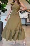 Elegant Solid Color Hollow Out Ruffle Pleated Sloping Shoulder Pleated Dresses