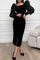 Celebrities Elegant Solid Color Slit Fluffy Square Neck One Step Skirt Dresses