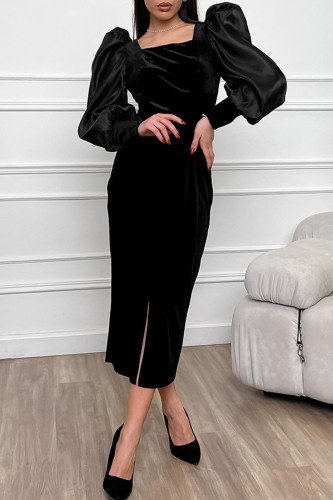 Celebrities Elegant Solid Color Slit Fluffy Square Neck One Step Skirt Dresses