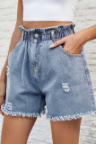 Casual Daily Solid Color Ripped Pocket Buttons High Waist Loose Denim Shorts