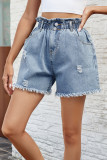 Casual Daily Solid Color Ripped Pocket Buttons High Waist Loose Denim Shorts