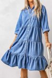 Casual Daily Solid Color Pocket Buckle V Neck Princess Dresses