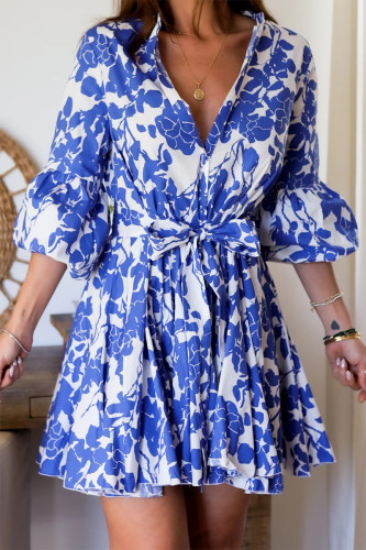 Elegant Floral Print Lace Up Pleated V Neck A Line Dresses