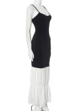 Sexy Solid Color Backless Ruffle Contrast U Neck Sling Dresses
