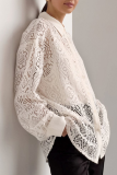 Casual Solid Color Hollow Out See-Through Turndown Collar Tops