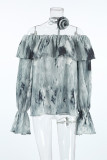 Sexy Tie Dye Ruffle Flowers Contrast Off Shoulder Tops