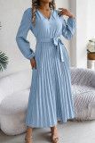Casual Daily Solid Color Lace Up Buttons Pleated V Neck Pleated Dresses