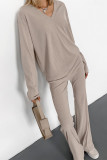 Casual Solid Color Potholes V Neck Long Sleeve Two Pieces