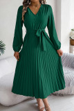 Casual Daily Solid Color Lace Up Buttons Pleated V Neck Pleated Dresses