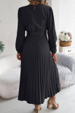 Casual Daily Solid Color Lace Up Buttons Pleated V Neck Pleated Dresses