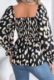 Casual Leopard Print Patchwork Stringy Selvedge Contrast Square Neck Tops