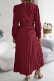 Casual Daily Solid Color Lace Up Buttons Pleated V Neck Pleated Dresses
