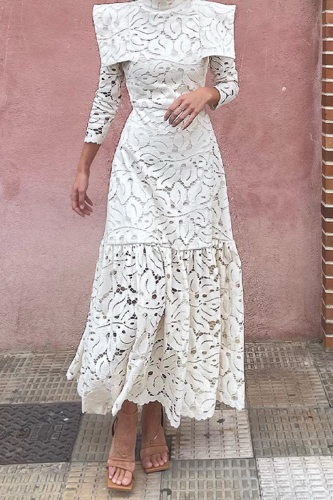 Elegant Solid Color Lace Patchwork Half A Turtleneck Waist Skirt Dresses