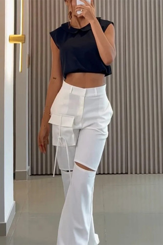 Casual Solid Color Ripped Pocket Turndown Collar Sleeveless Two Pieces