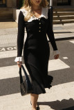 Daily Elegant Solid Color Ruffle Turndown Collar One Step Skirt Dresses