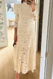 Elegant Solid Color Lace Patchwork Half A Turtleneck Waist Skirt Dresses