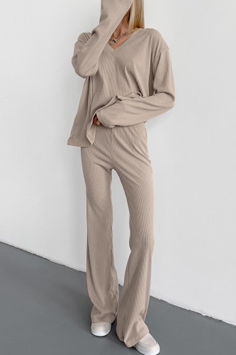 Casual Solid Color Potholes V Neck Long Sleeve Two Pieces