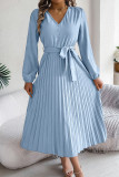 Casual Daily Solid Color Lace Up Buttons Pleated V Neck Pleated Dresses