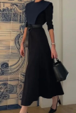 Elegant Solid Color Contrast O Neck Waist Skirt Dresses