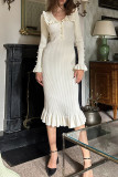 Daily Elegant Solid Color Ruffle Turndown Collar One Step Skirt Dresses
