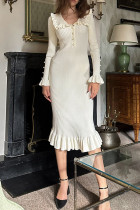 Daily Elegant Solid Color Ruffle Turndown Collar One Step Skirt Dresses
