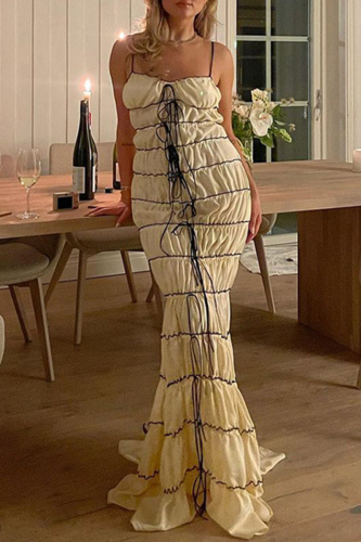 Sexy Solid Color Lace Up Contrast V Neck Long Dresses
