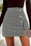 Elegant Plaid Buttons Slit Contrast Regular High Waist Patchwork Bottoms