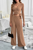 Casual Solid Color Lace Up Potholes V Neck Long Sleeve Two Pieces
