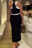 Sexy Solid Color Slit Contrast Halter Sleeveless Two Pieces