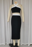 Sexy Solid Color Slit Contrast Halter Sleeveless Two Pieces