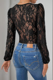 Sexy Solid Color Lace Lace Up See-Through V Neck Skinny Rompers