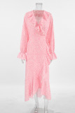 Elegant Zebra Print Lace Up Ruffle V Neck A Line Dresses