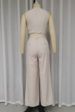 Casual Solid Color Pocket Buttons V Neck Sleeveless Two Pieces