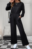Casual Solid Color Pocket O Neck Loose Jumpsuits