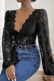 Sexy Solid Color Lace See-Through V Neck Skinny Bodysuits