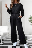 Casual Solid Color Pocket O Neck Loose Jumpsuits