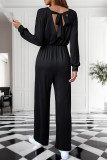 Casual Solid Color Pocket O Neck Loose Jumpsuits