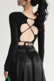 Sexy Solid Color Hollow Out Ruched O Neck Tops