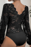 Sexy Solid Color Lace See-Through V Neck Skinny Bodysuits