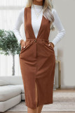 Daily Elegant Solid Color Pocket Buttons Slit V Neck Wrapped Skirt Dresses