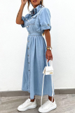 Casual Street Solid Color Buttons Patchwork Turndown Collar Short Sleeve Loose Denim Dresses