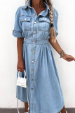 Casual Street Solid Color Buttons Patchwork Turndown Collar Short Sleeve Loose Denim Dresses