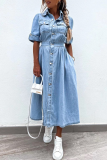 Casual Street Solid Color Buttons Patchwork Turndown Collar Short Sleeve Loose Denim Dresses
