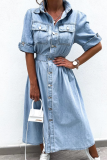 Casual Street Solid Color Buttons Patchwork Turndown Collar Short Sleeve Loose Denim Dresses