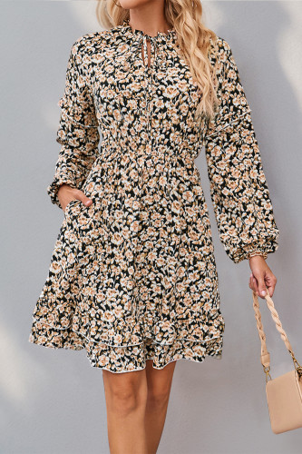 Daily Elegant Flowers Pocket Lace Up Flounce O Neck A Line Dresses