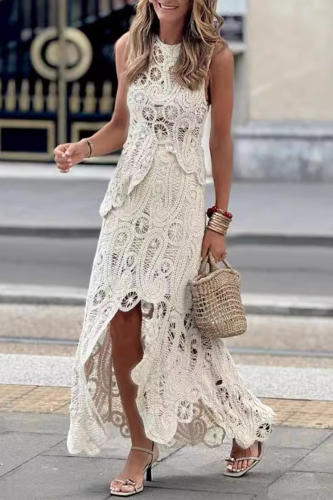 Street Elegant Solid Color Hollow Out Slit Irregular O Neck Sleeveless Two Pieces