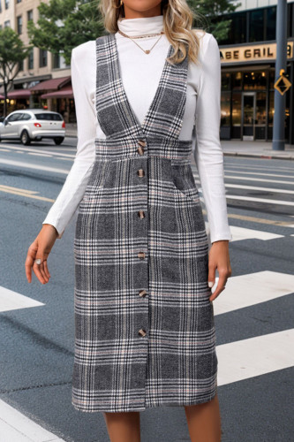 Casual Street Plaid Pocket Buttons Contrast V Neck Wrapped Skirt Dresses