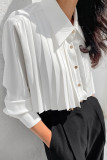 Elegant Solid Color Buttons Pleated Turndown Collar Tops