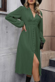 Daily Elegant Solid Color Buttons Slit V Neck A Line Dresses